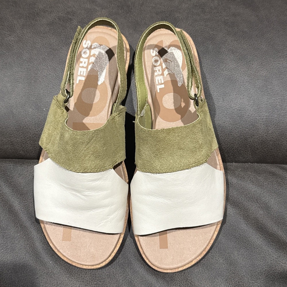 Sorel Roaming Decon Slingback Sandals Women's 6.5 Olive Cream Leather